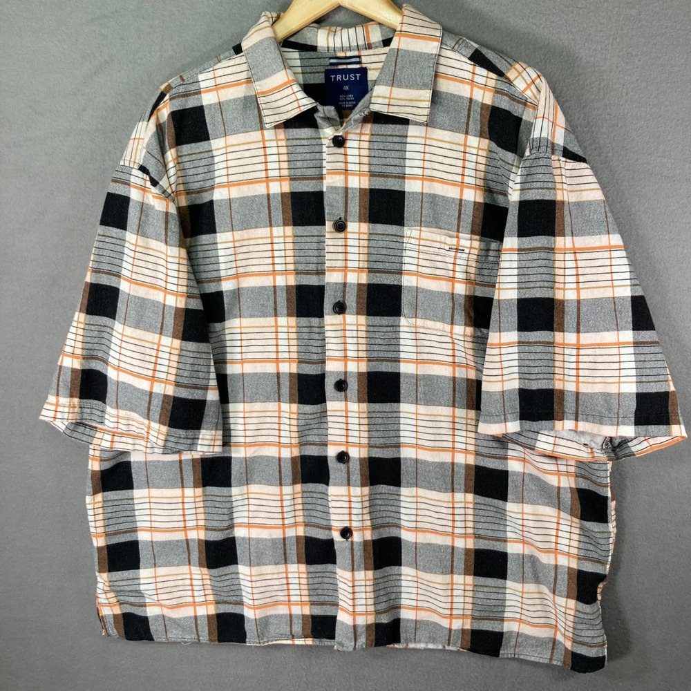 Trust‎ Mens 4X Plaid Linen Blend Button Up Shirt Big Tall Short Sleeve